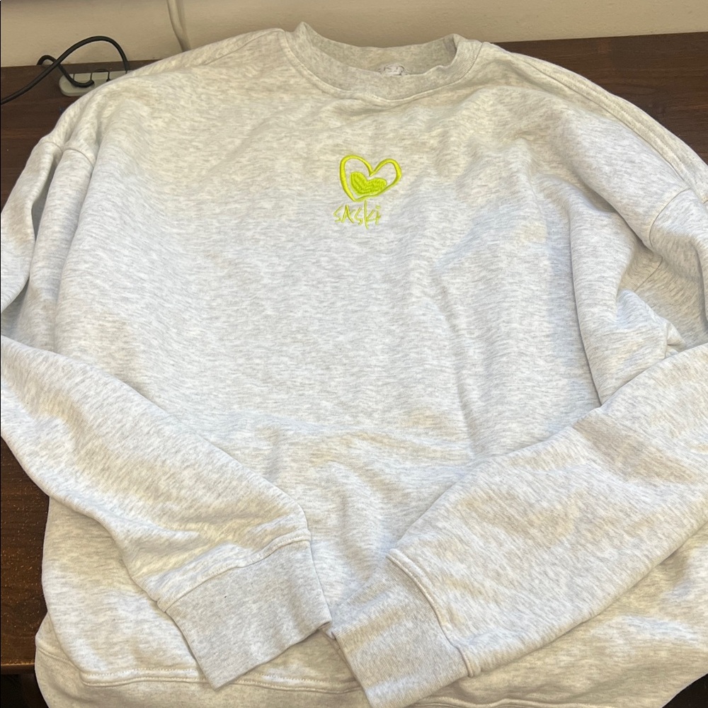 Heather Gray Oversized Sweatshirt with Neon Green Heart